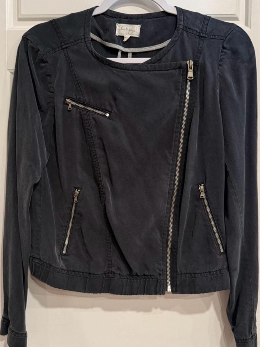 Lou & Grey XS Charcoal Gray Draped Moto Jacket Asymmetrical Zip Pockets